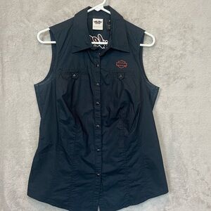 Harley-Davidson Women's Black Snap Sleeveless Shirt Top Sz M Large Logo on Back